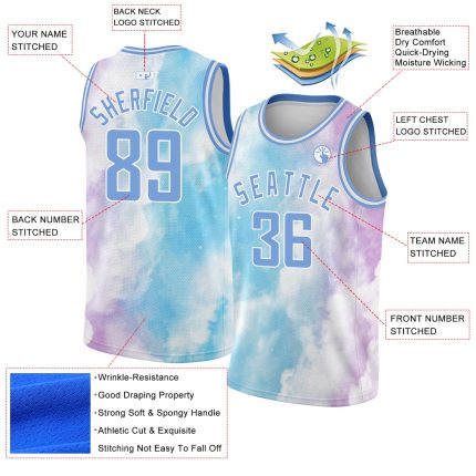 Custom Basketball Jersey with Personalized Name & Number, 3D Sky Clouds Design in Light Blue-Purple Watercolor Style Personalized