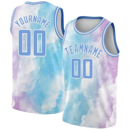 Custom Basketball Jersey with Personalized Name & Number, 3D Sky Clouds Design in Light Blue-Purple Watercolor Style Personalized