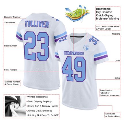 Custom Name Number Football Jersey - Personalized White Light Blue-Purple Mesh Authentic Design Personalized White Light