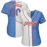 Custom Name and Number Authentic Split Fashion Baseball Jersey - Personalized White Light Blue Red Design Personalized White