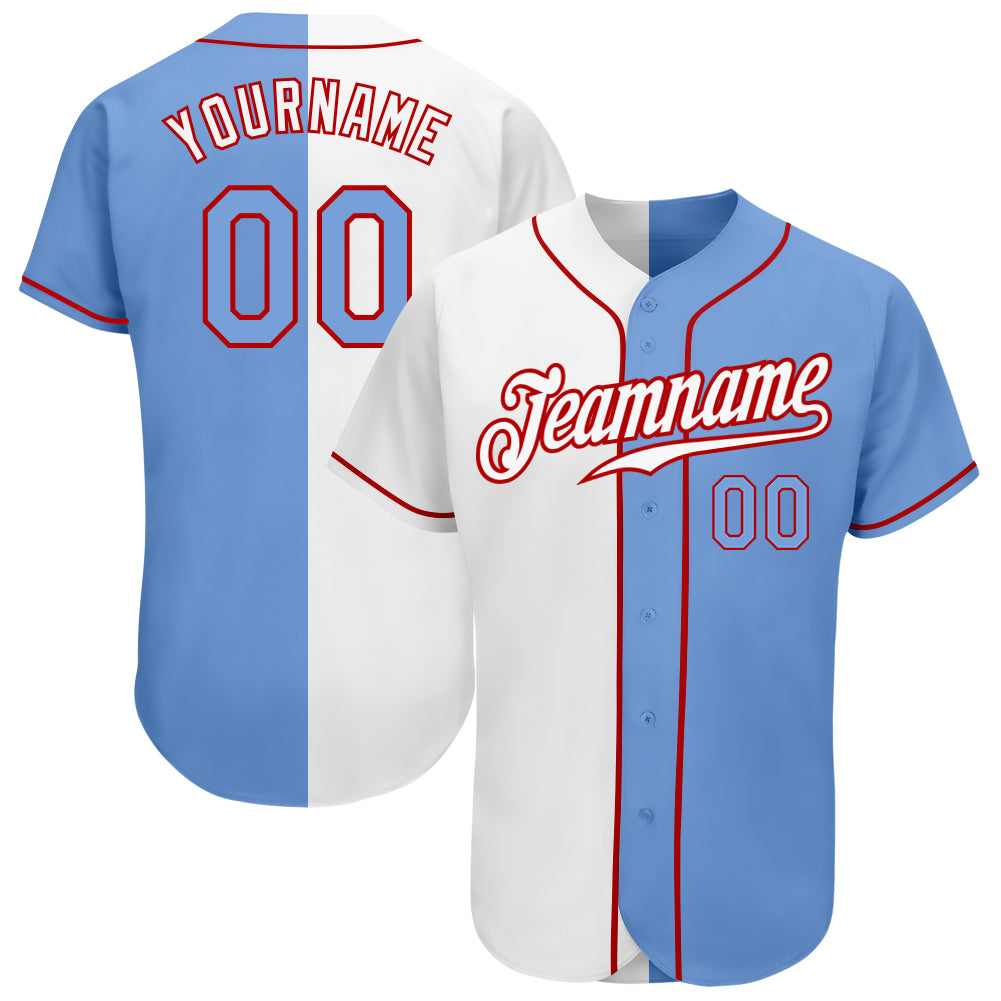 Custom Name and Number Authentic Split Fashion Baseball Jersey - Personalized White Light Blue Red Design Personalized White