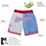 Custom Personalized Basketball Shorts with Team Name and Number - White Light Blue-Red Throwback Split Fashion Design Personalized