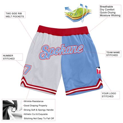 Custom Personalized Basketball Shorts with Team Name and Number - White Light Blue-Red Throwback Split Fashion Design Personalized