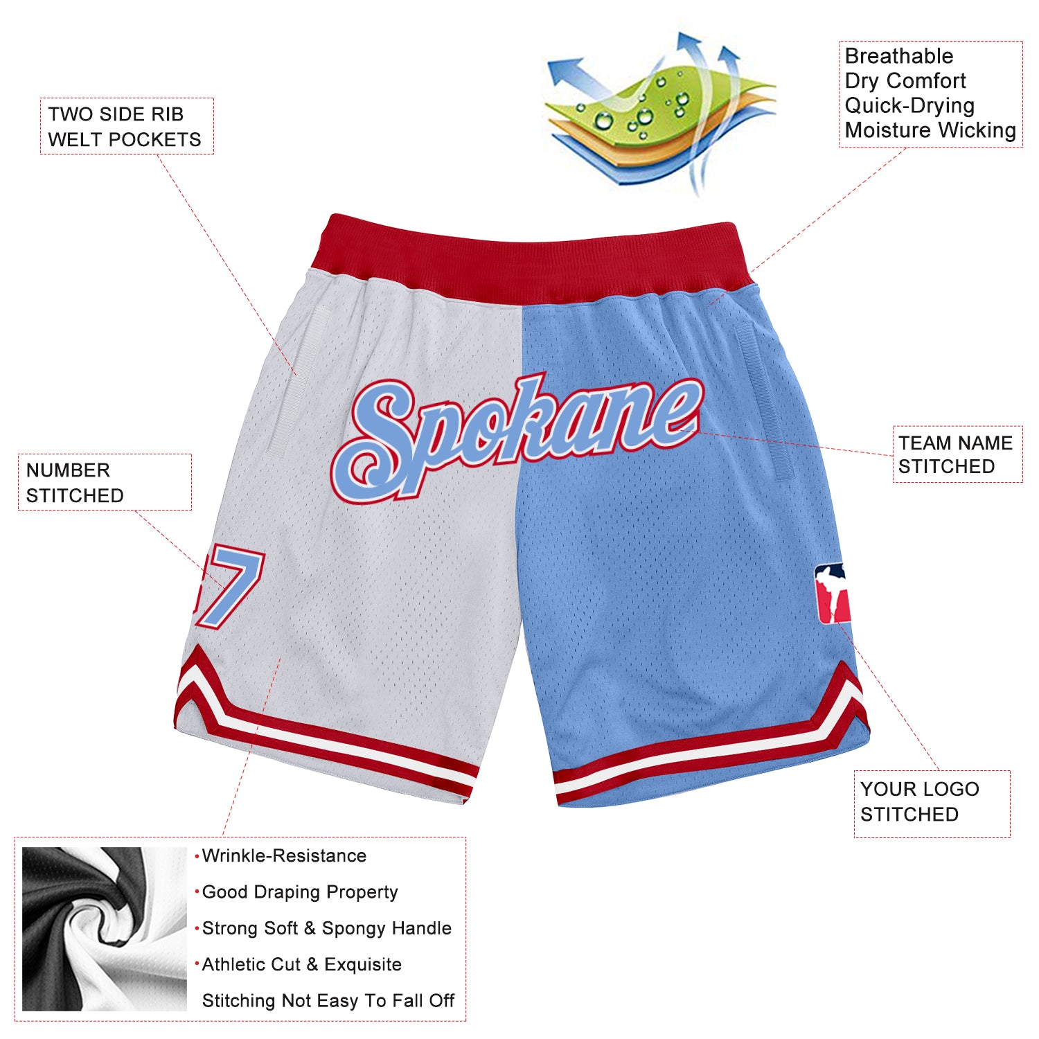 Personalized White Light Blue-Red Authentic Throwback Split Fashion Basketball Shorts Team Custom Name and Number Custom Personalized Basketball Shorts with Team Name and Number - White Light Blue-Red Throwback Split Fashion Design Personalized - Image 2