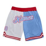 Custom Personalized Basketball Shorts with Team Name and Number - White Light Blue-Red Throwback Split Fashion Design Personalized