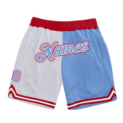 Custom Personalized Basketball Shorts with Team Name and Number - White Light Blue-Red Throwback Split Fashion Design Personalized