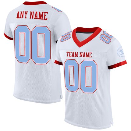 Customizable Mesh Football Jersey - Personalized White Light Blue-Red Team Name & Number Personalized White Light Blue-Red