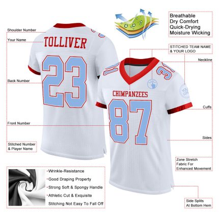 Customizable Mesh Football Jersey - Personalized White Light Blue-Red Team Name & Number Personalized White Light Blue-Red