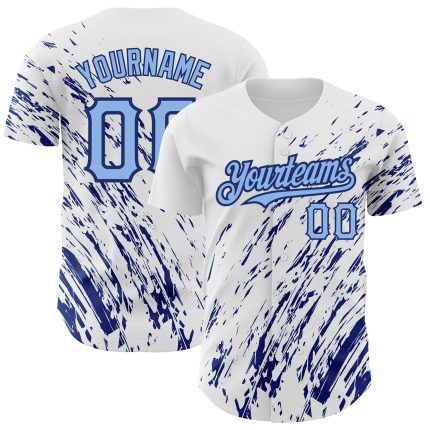 Customizable 3D Pattern Baseball Jersey - Authentic White Light Blue-Royal Splash Design with Team Name and Number Personalized