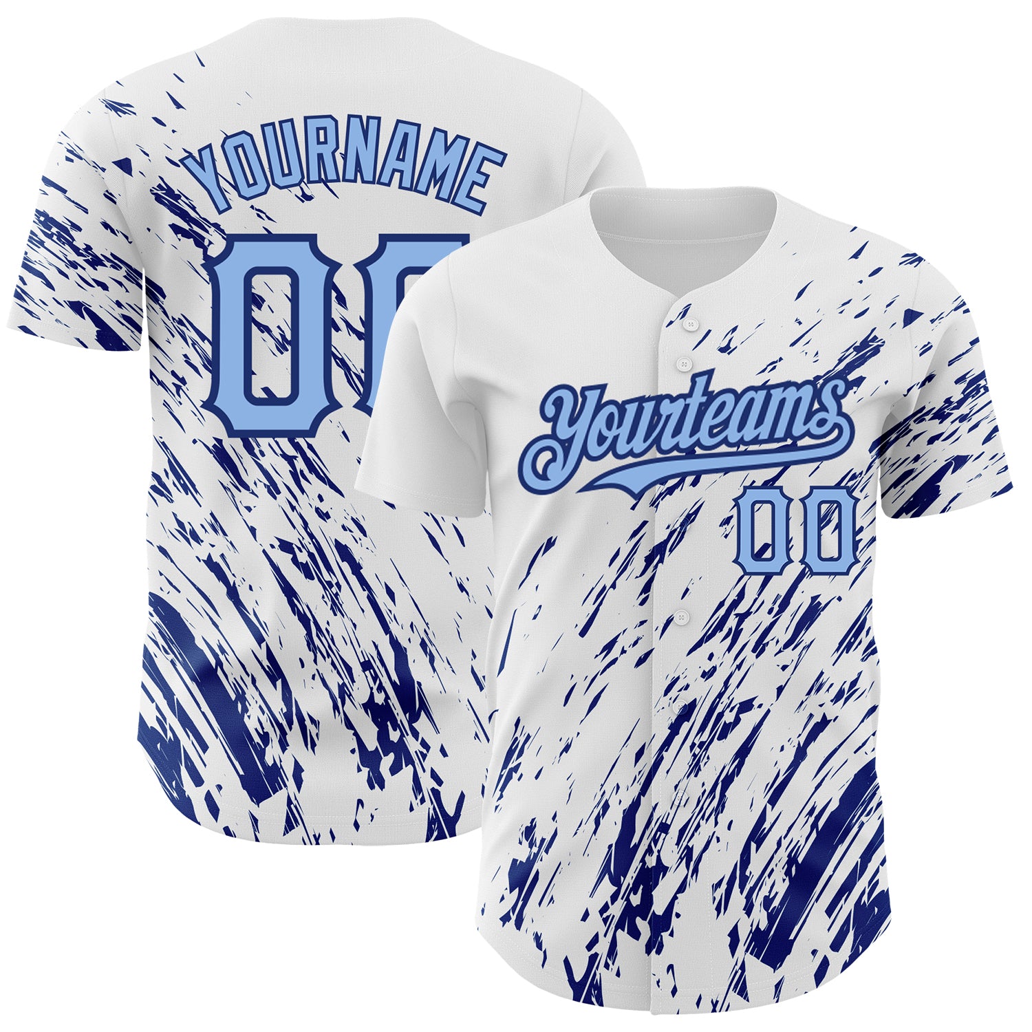 Customizable 3D Pattern Baseball Jersey - Authentic White Light Blue-Royal Splash Design with Team Name and Number Personalized
