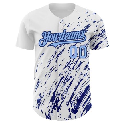Customizable 3D Pattern Baseball Jersey - Authentic White Light Blue-Royal Splash Design with Team Name and Number Personalized