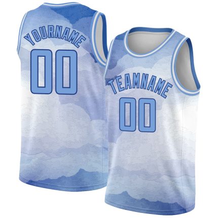 Custom Name & Number Basketball Jersey - Personalized White & Light Blue 3D Cloud Watercolor Design, Team Apparel Personalized