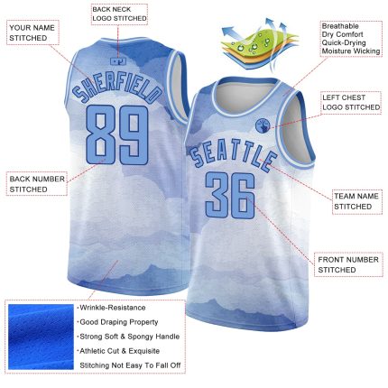 Custom Name & Number Basketball Jersey - Personalized White & Light Blue 3D Cloud Watercolor Design, Team Apparel Personalized