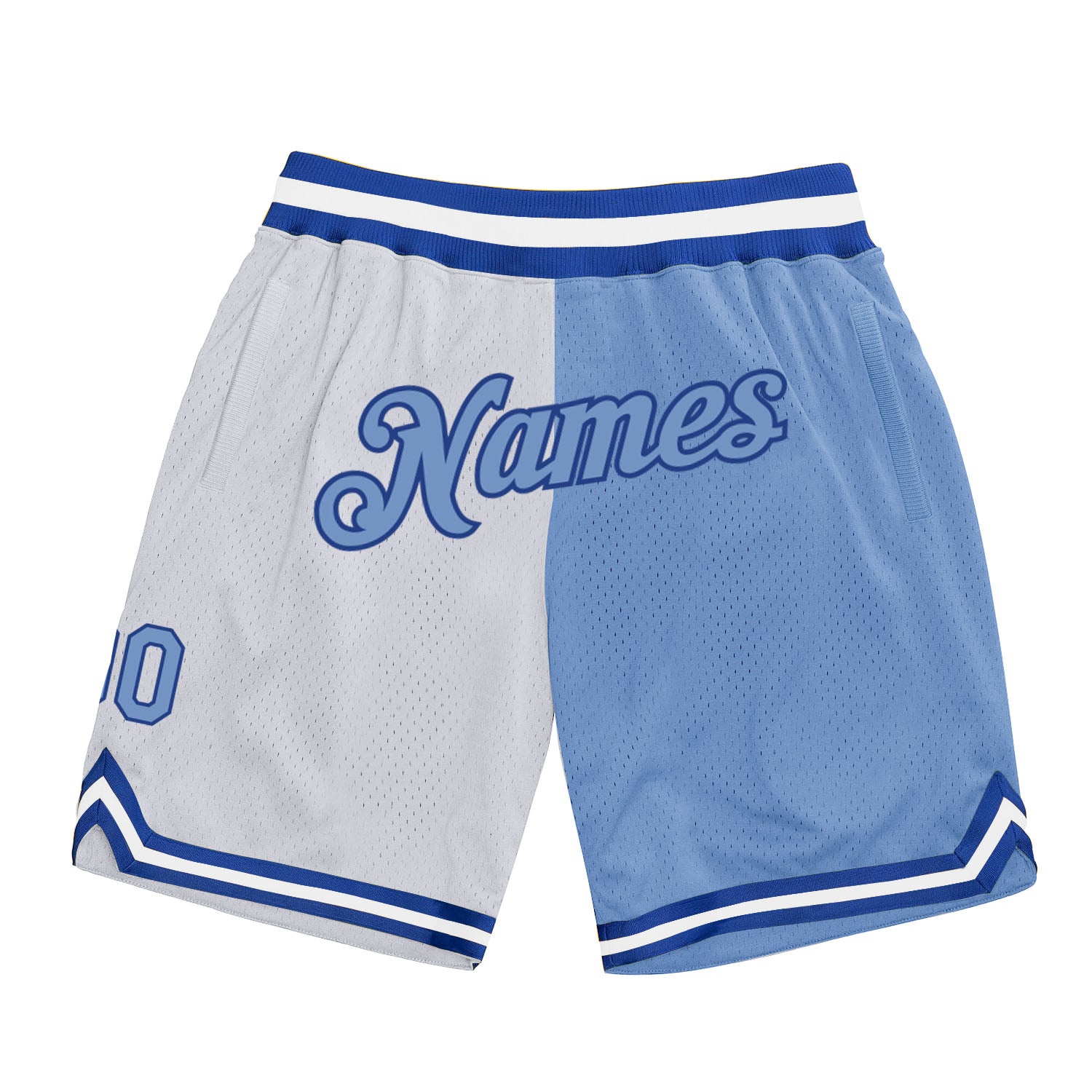 Custom Name Number Royal Blue White Fashion Basketball Shorts, Personalized Throwback Team Split Design Personalized White