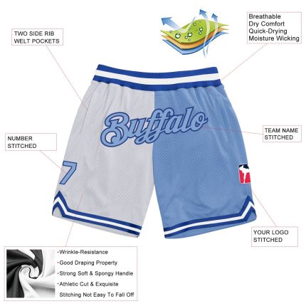 Custom Name Number Royal Blue White Fashion Basketball Shorts, Personalized Throwback Team Split Design Personalized White