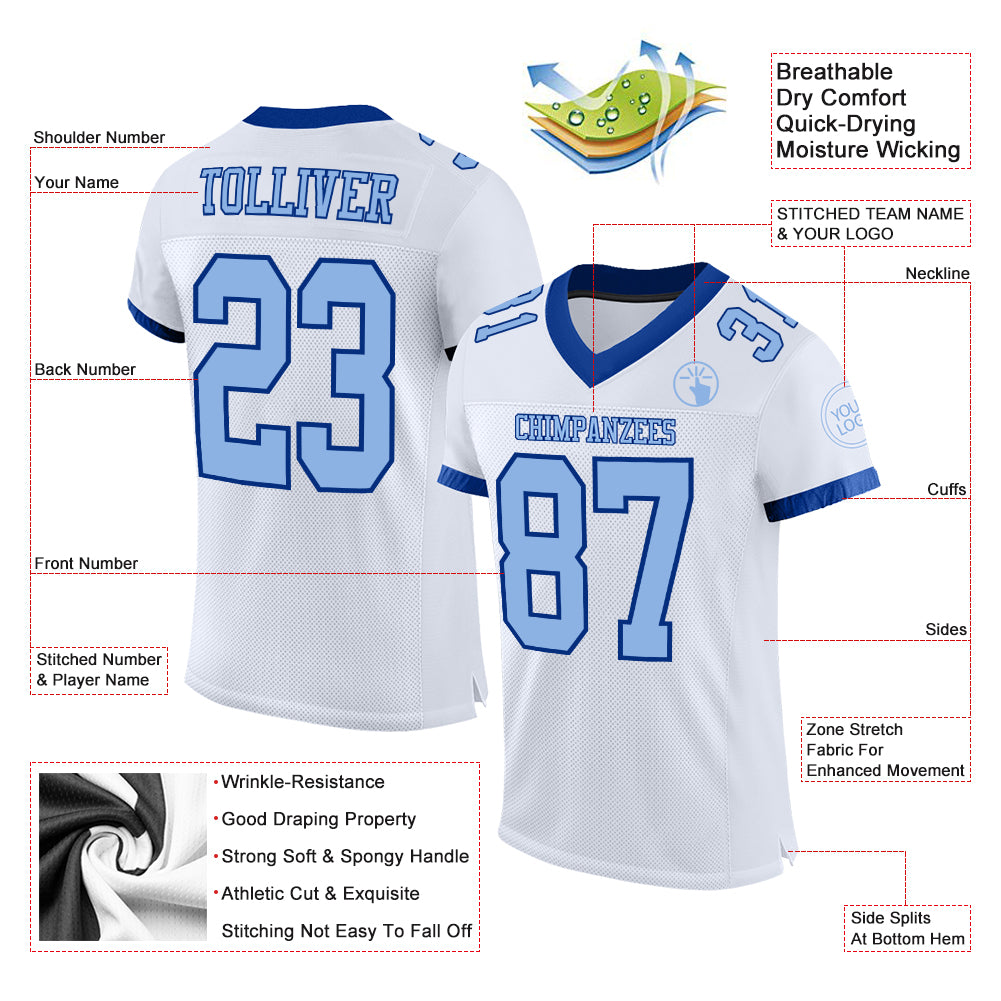 Personalized White Light Blue-Royal Mesh Authentic Football Jersey Personalized Light Blue-Royal Authentic Football Jersey - White Mesh Design Personalized White Light Blue-Royal Mesh Authentic - Image 2