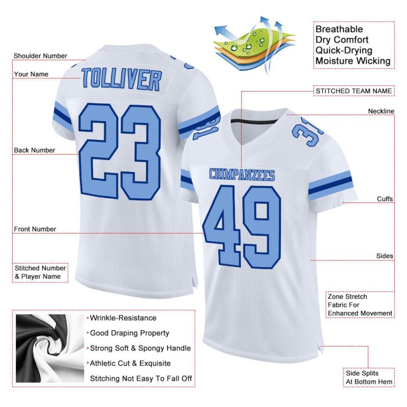Custom Name and Number Personalized Mesh Football Jersey in White Light Blue-Royal - Authentic Team Apparel Personalized