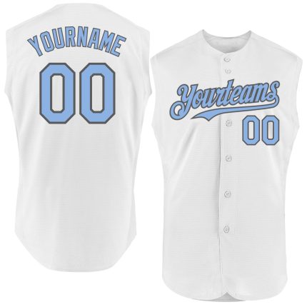 Personalized Authentic Sleeveless Baseball Jersey in White Light Blue and Steel Gray Personalized White Light Blue-Steel