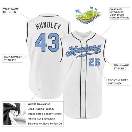 Custom Name and Number Personalized Baseball Jersey - Authentic Sleeveless Design in White, Light Blue, and Steel Gray Personalized