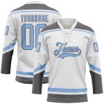 Custom Name and Number Hockey Jersey in White, Light Blue & Steel Gray - Personalized Lace Neck Team Uniform Personalized