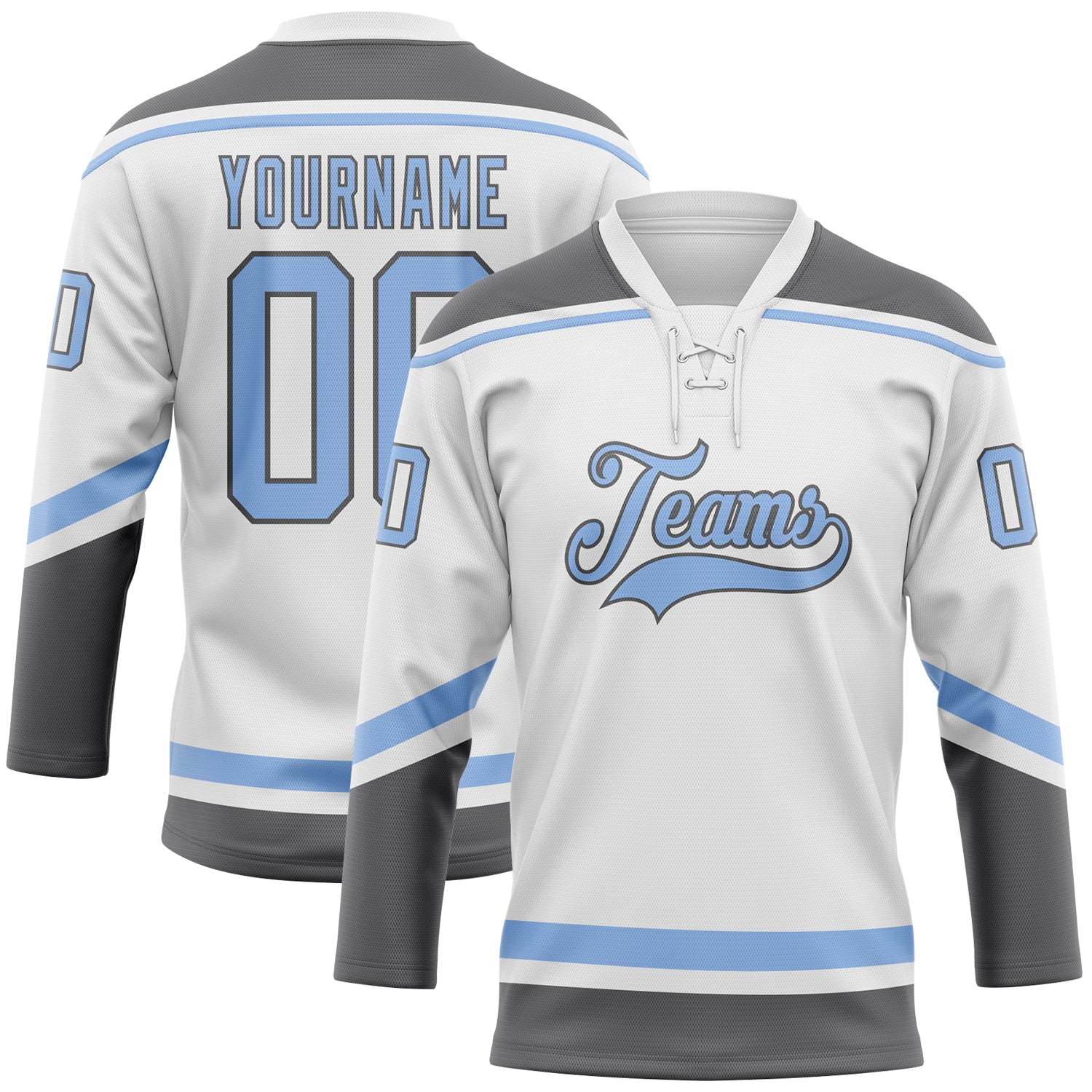 Custom Name and Number Hockey Jersey in White, Light Blue & Steel Gray - Personalized Lace Neck Team Uniform Personalized
