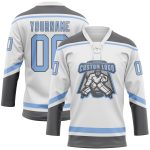 Custom Name and Number Hockey Jersey in White, Light Blue & Steel Gray - Personalized Lace Neck Team Uniform Personalized