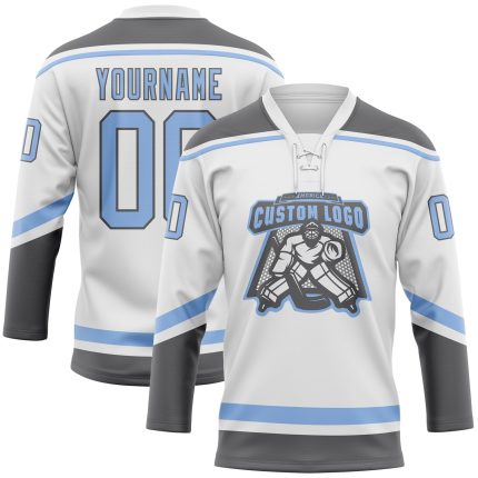 Custom Name and Number Hockey Jersey in White, Light Blue & Steel Gray - Personalized Lace Neck Team Uniform Personalized