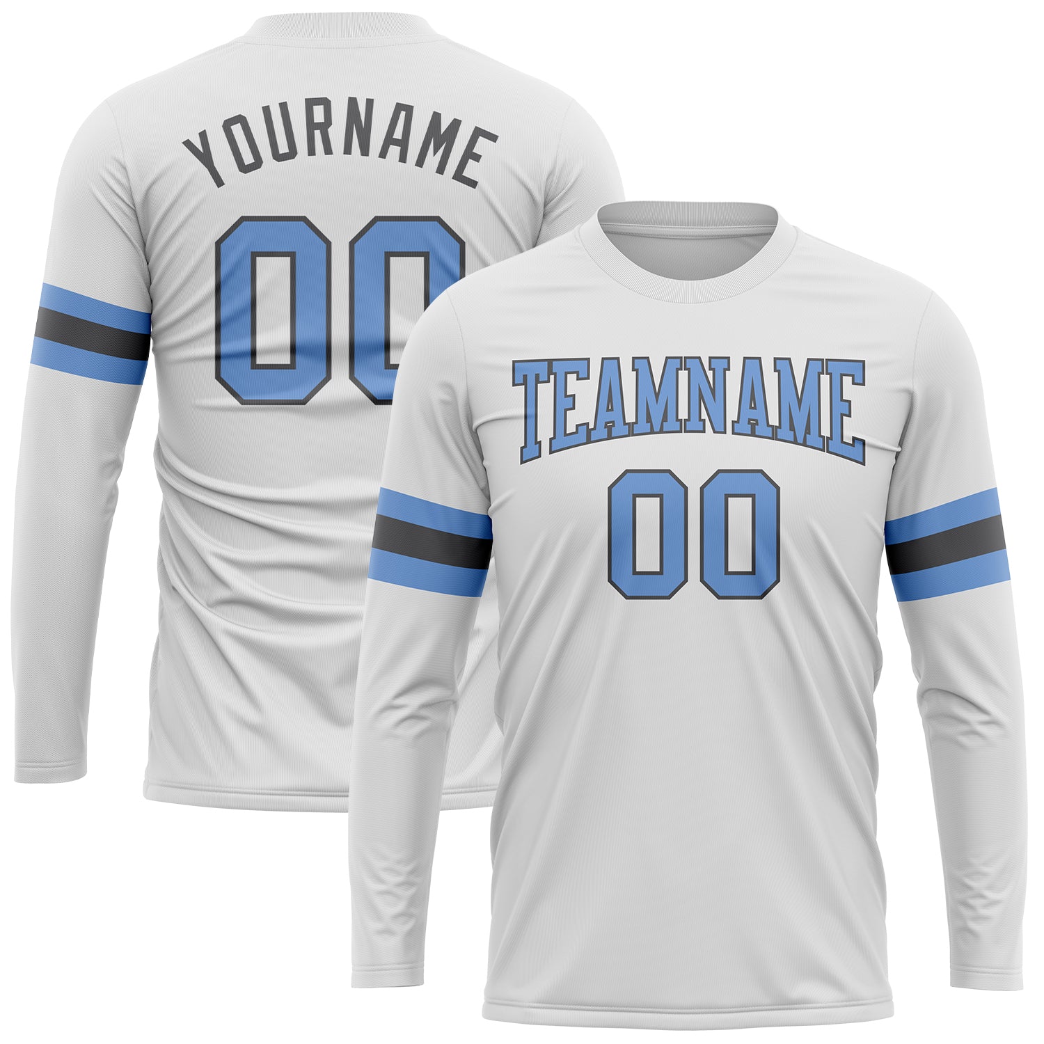 Custom Team Name Number Long Sleeve Performance T-Shirt - Personalized White Light Blue Steel Gray Personalized White Light