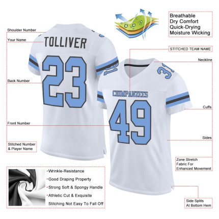 Custom Authentic Football Jersey - Personalized Team Name and Number, White Light Blue-Steel Gray Mesh Personalized White