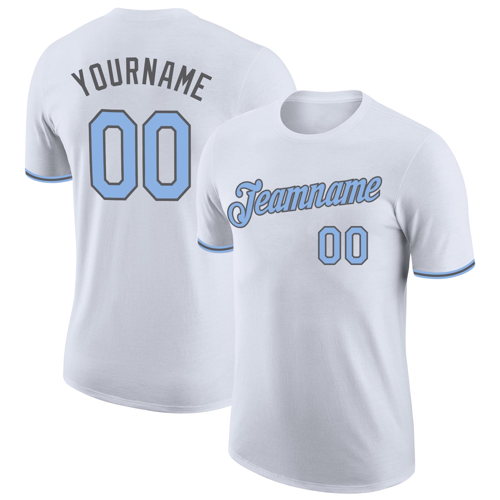 Custom Team Performance T-Shirt with Name and Number in White Light Blue and Steel Gray Personalized White Light Blue-Steel