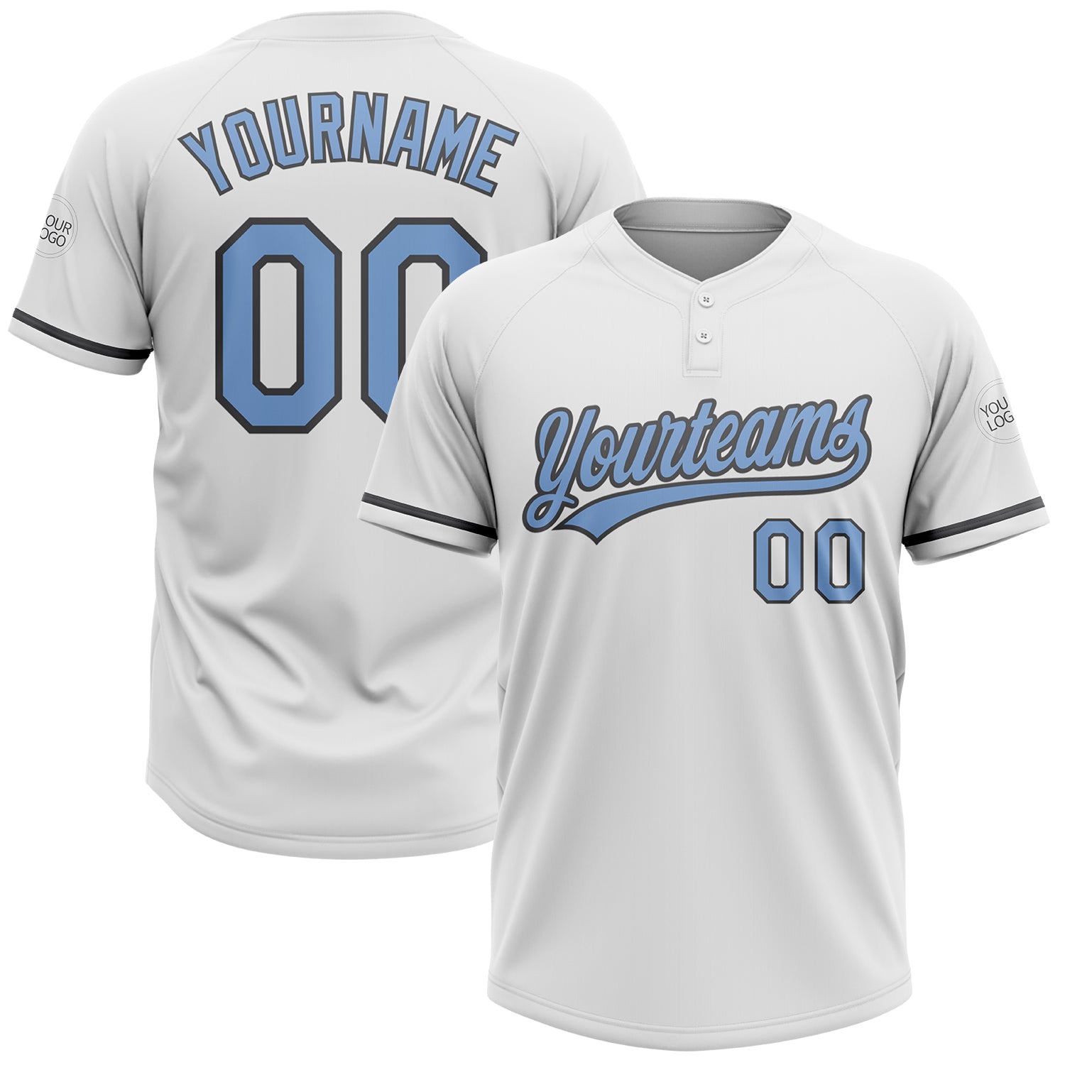 Custom Name and Number Softball Jersey - Personalized White Light Blue Steel Gray Unisex Two-Button Design Personalized White