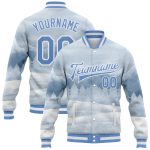 Custom Name and Number Winter Landscape Bomber Jacket White Blue 3D Pattern Snowy Trees Full-Snap Varsity Letterman Personalized
