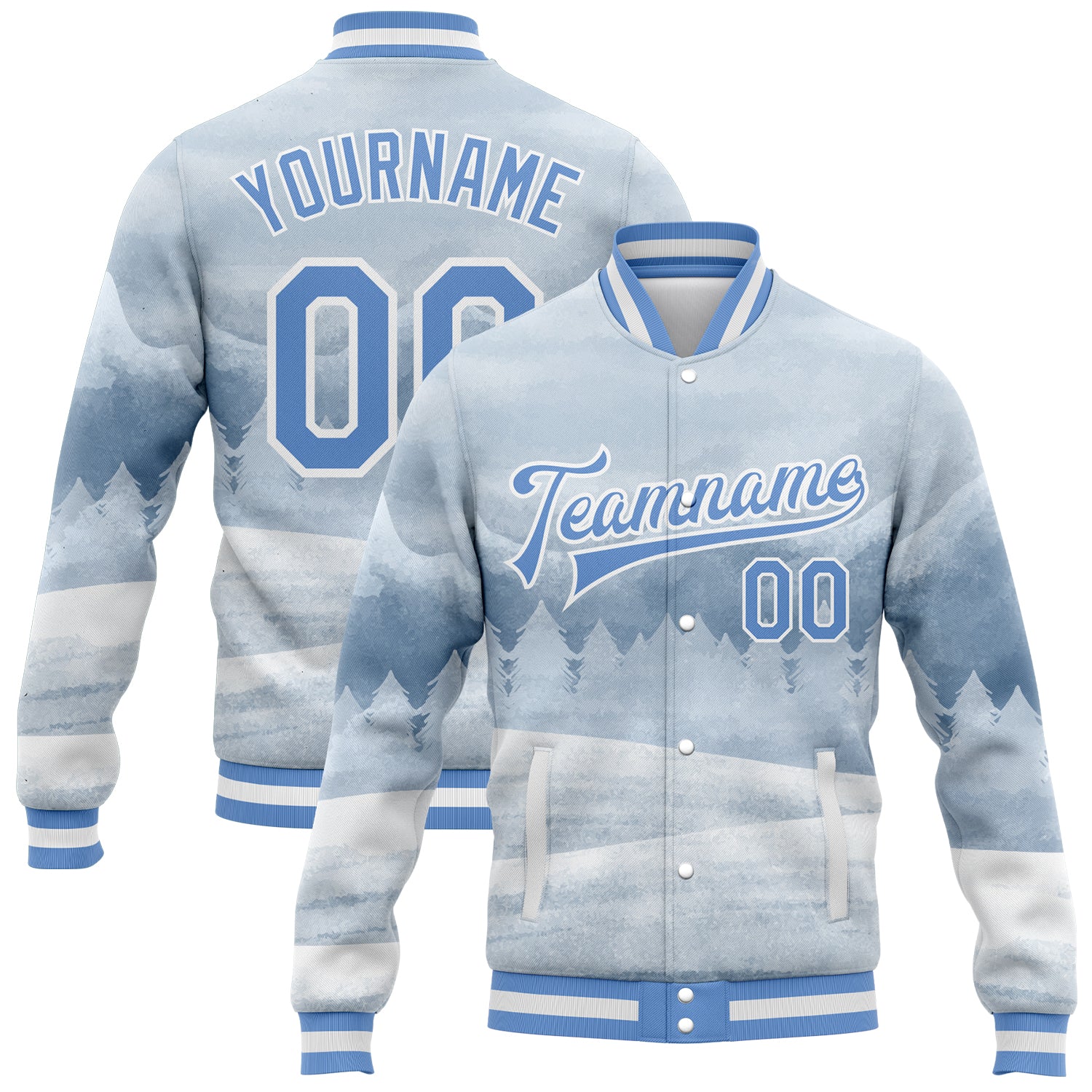 Custom Name and Number Winter Landscape Bomber Jacket White Blue 3D Pattern Snowy Trees Full-Snap Varsity Letterman Personalized