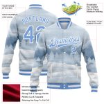 Custom Name and Number Winter Landscape Bomber Jacket White Blue 3D Pattern Snowy Trees Full-Snap Varsity Letterman Personalized