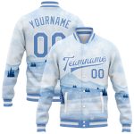 Custom Name and Number Personalized Varsity Letterman Jacket - White Light Blue Watercolor Winter Snow Landscape 3D Pattern Design
