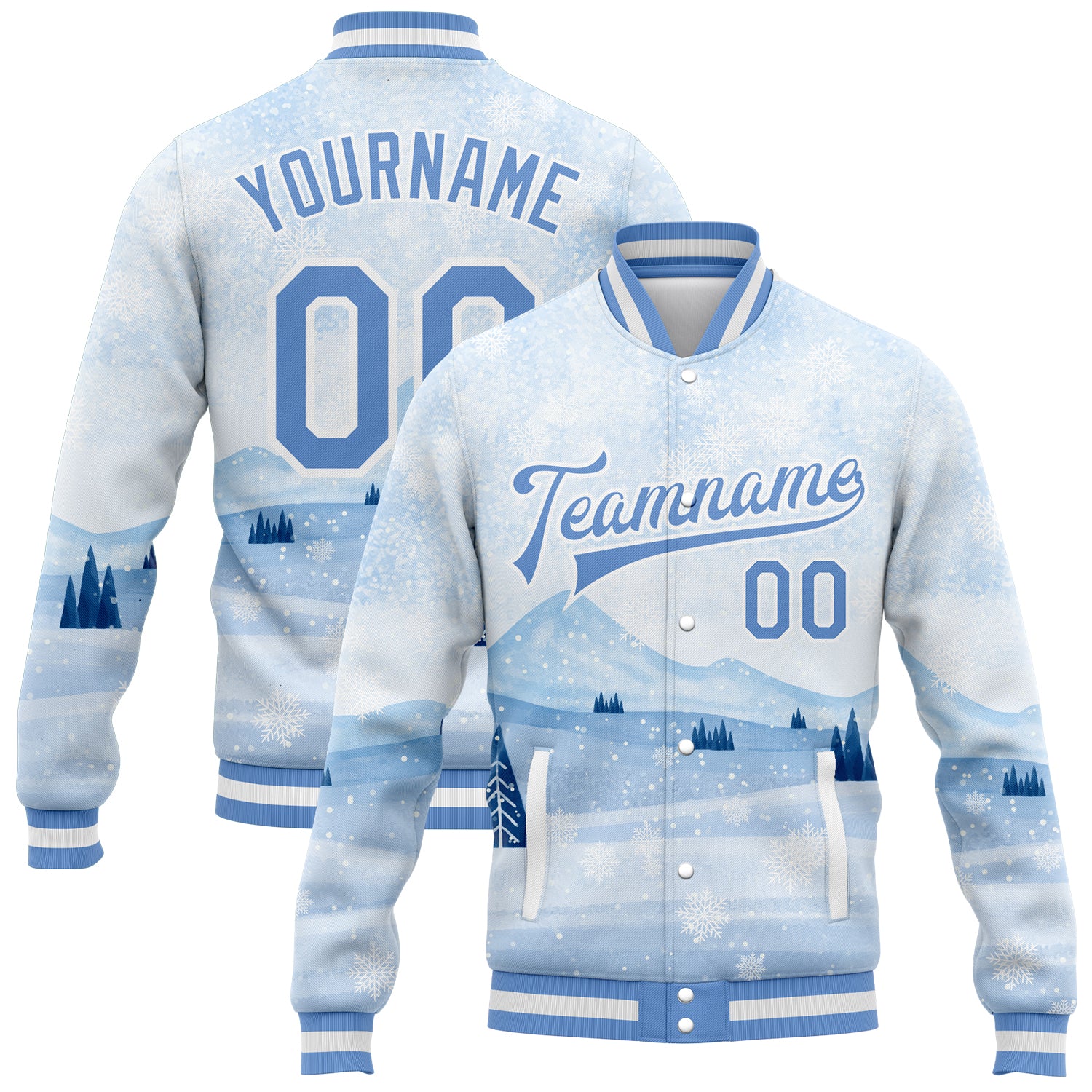 Custom Name and Number Personalized Varsity Letterman Jacket - White Light Blue Watercolor Winter Snow Landscape 3D Pattern Design