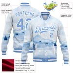 Custom Name and Number Personalized Varsity Letterman Jacket - White Light Blue Watercolor Winter Snow Landscape 3D Pattern Design