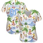 Custom Name Number Hawaii Palm Trees Baseball Jersey 3D Pattern Design Light Blue White Personalized White Light Blue-White