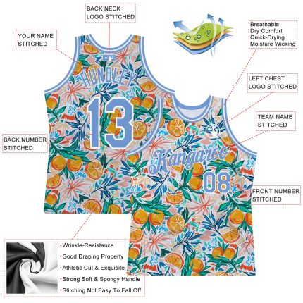 Custom Name and Number Authentic Basketball Jersey - Personalized 3D Pattern Design in White and Light Blue Oranges Personalized