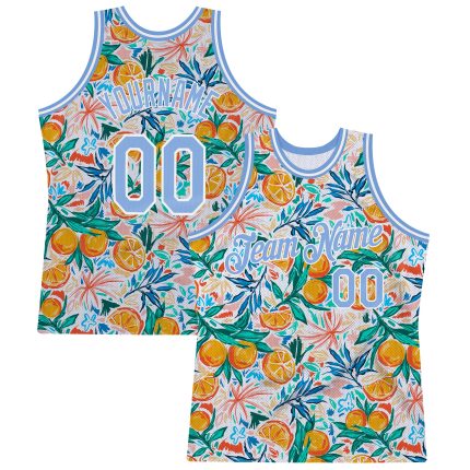 Custom Name and Number Authentic Basketball Jersey - Personalized 3D Pattern Design in White and Light Blue Oranges Personalized