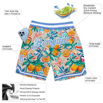 Custom Name & Number Basketball Shorts - 3D Pattern Design in White Light Blue - Personalized Team Oranges Shorts Personalized