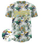 Custom Name Number Animal Toucan Tropical Hawaii Palm Leaves 3D Pattern Authentic Baseball Jersey - Personalized White Blue Yellow Design