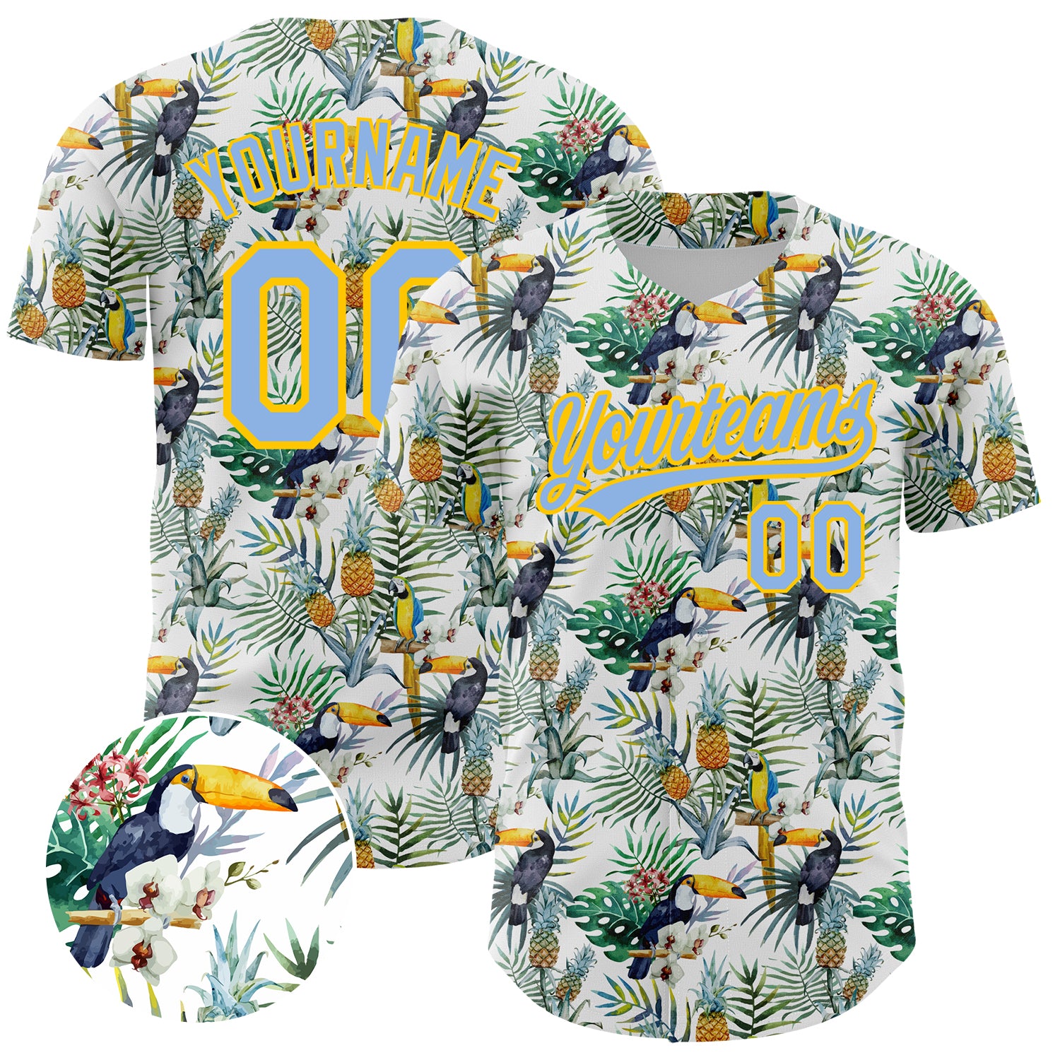 Custom Name Number Animal Toucan Tropical Hawaii Palm Leaves 3D Pattern Authentic Baseball Jersey - Personalized White Blue Yellow Design