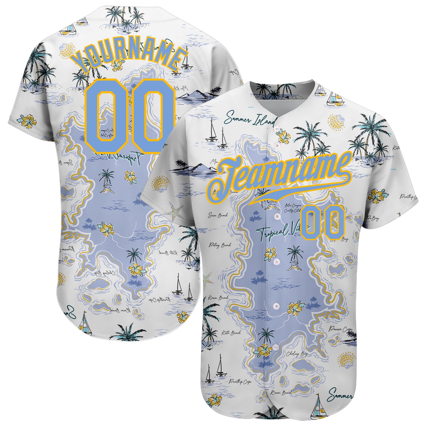 Custom Name Number Baseball Jersey Hawaii Beach Palm Trees 3D Pattern Light Blue Yellow - Personalized Team Apparel Personalized