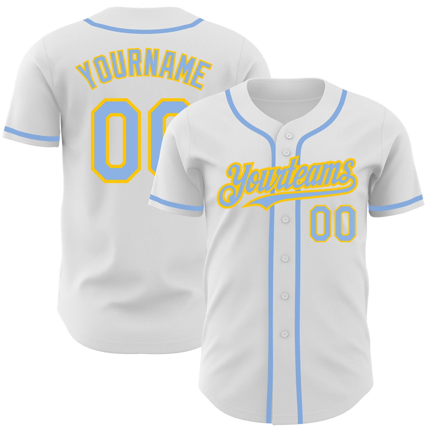 Custom Name and Number Authentic Baseball Jersey - Personalized White Light Blue-Yellow Team Gear Personalized White Light