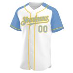 Custom Name and Number Personalized Baseball Jersey in White Light Blue-Yellow Raglan Sleeves - Authentic Team Apparel Personalized