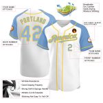 Custom Name and Number Personalized Baseball Jersey in White Light Blue-Yellow Raglan Sleeves - Authentic Team Apparel Personalized
