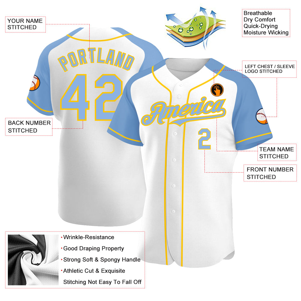 Personalized White Light Blue-Yellow Authentic Raglan Sleeves Baseball Jersey Team Custom Name and Number Custom Name and Number Personalized Baseball Jersey in White Light Blue-Yellow Raglan Sleeves - Authentic Team Apparel Personalized - Image 3