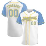 Custom Name and Number Personalized Baseball Jersey in White Light Blue-Yellow Raglan Sleeves - Authentic Team Apparel Personalized