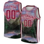 Custom Name Number Basketball Jersey Authentic 3D Pattern Watercolor Design White Maroon Natural Landscape Style Personalized